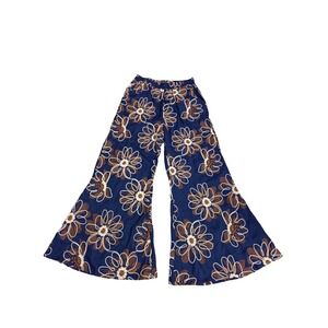 Anniewear Los Angeles Navy Blue Floral Embroidered Wide Leg Flare Pants L NEW